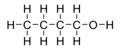 Butane is represnted as a linear chain of four C&rsquo;s that are connected by dashes. Each dash represents a covalent bond. Each C has an H above it and below it, each of which is connected to the appropriate C by a dash. The C at the leftmost end of the chain has an additional H connected by a dash to its left. The C at the rightmost end of the chain is connected by a dash to an O that is in turn connected by a dash to an H. 