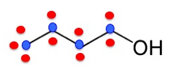 Again, butane is represented as a zig-zag line with 3 obtuse angles with an O H group at the right end of the line. Additionally, there are blue dots at the leftmost end of the line and at all three verticies at the angles. There are two red dots at the periphery of of the blue dots at a vertex. There are three red dots at the periphery of the blue dot at the leftmost end of the line.