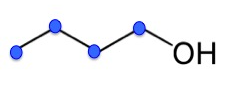 Again, butane is represented as a zig-zag line with 3 obtuse angles with an O H group at the right end of the line. Additionally, there are blue dots at the leftmost end of the line and at all three verticies at the angles.